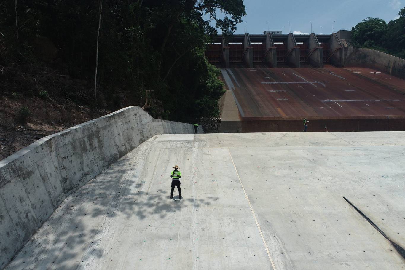 Aerial drone survey of a dam spillway